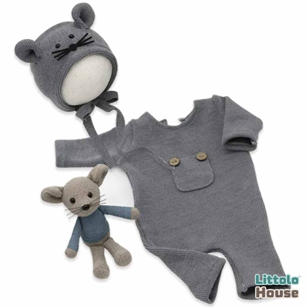 Baby Romper with Bonnet and Teddy SR020 | Set of 3 | 2M | Grey