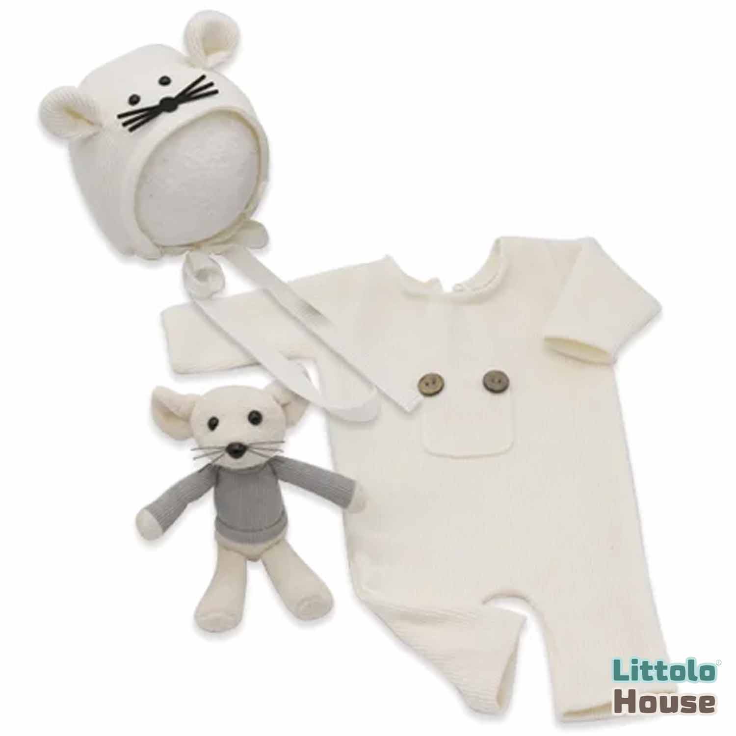 Baby Romper with Bonnet and Teddy SR020 | Set of 3 | 2M | Light Cream