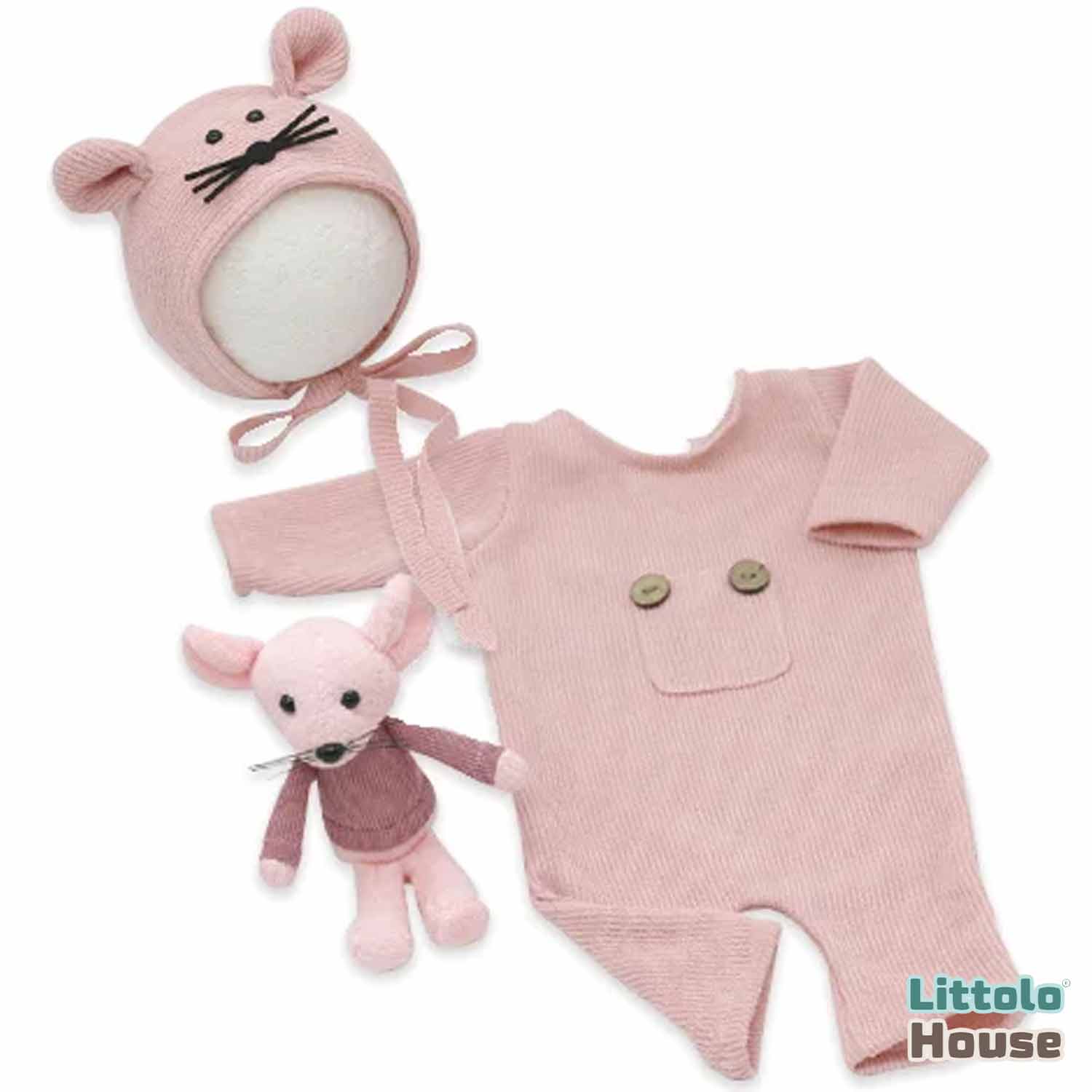 Baby Romper with Bonnet and Teddy SR020 | Set of 3 | 2M | Pink