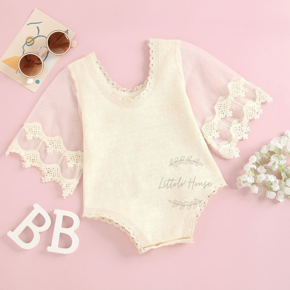 Baby Romper with Long Mesh Sleeves Outfit O024 | 1Y | Cream