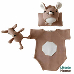 Baby Romper with Posing Aid Mouse Bonnet and Mouse Soft Toy SR069 | Set of 4 | NB | Caramel