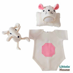 Baby Romper with Posing Aid Mouse Bonnet and Mouse Soft Toy SR069 | Set of 4 | NB | Off White