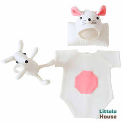 Baby Romper with Posing Aid Mouse Bonnet and Mouse Soft Toy SR069 | Set of 4 | NB | White