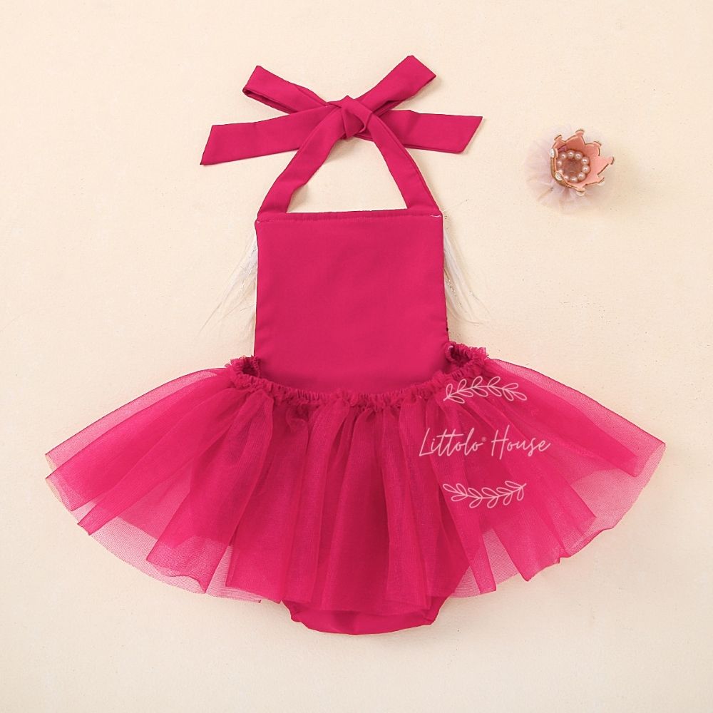 Baby Sequin Woolen Webbing Romper with Mesh Skirt Outfit O027 | Pink