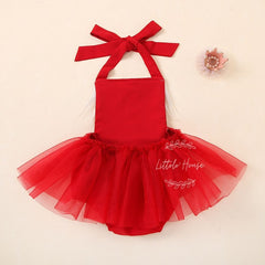 Baby Sequin Woolen Webbing Romper with Mesh Skirt Outfit O027 | Red