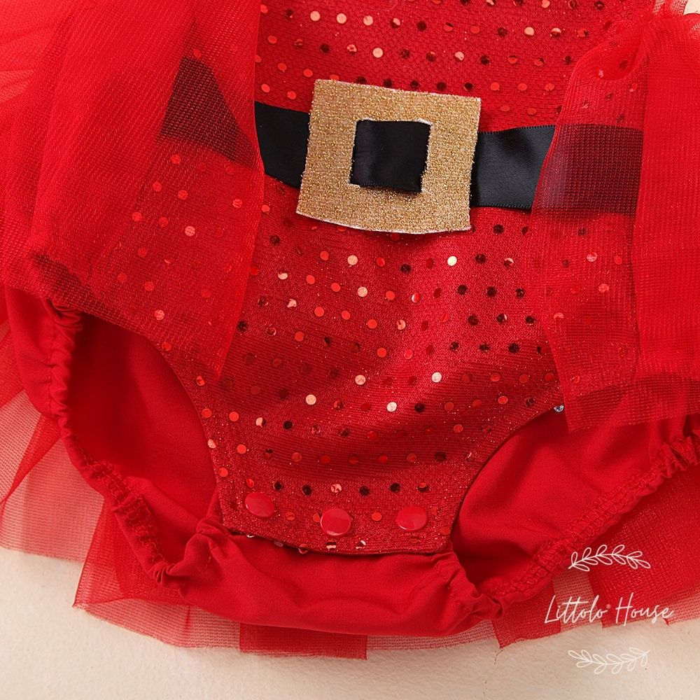 Baby Sequin Woolen Webbing Romper with Mesh Skirt Outfit O027 | Red