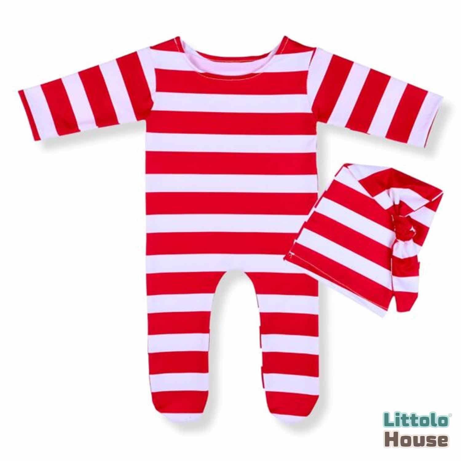 Baby Stripped Romper with Sleep Hat O112 | 3M | Red White