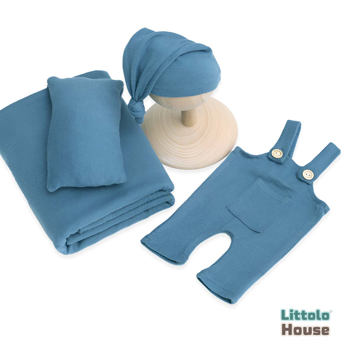 Baby Suspender Romper with Sleeping Hat Posing aid and Layer SR016 | Set of 4 | Denim Blue