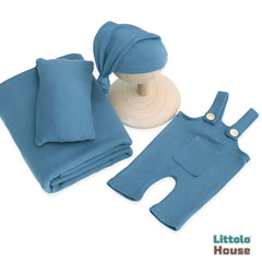 Baby Suspender Romper with Sleeping Hat Posing aid and Layer SR016 | Set of 4 | Denim Blue