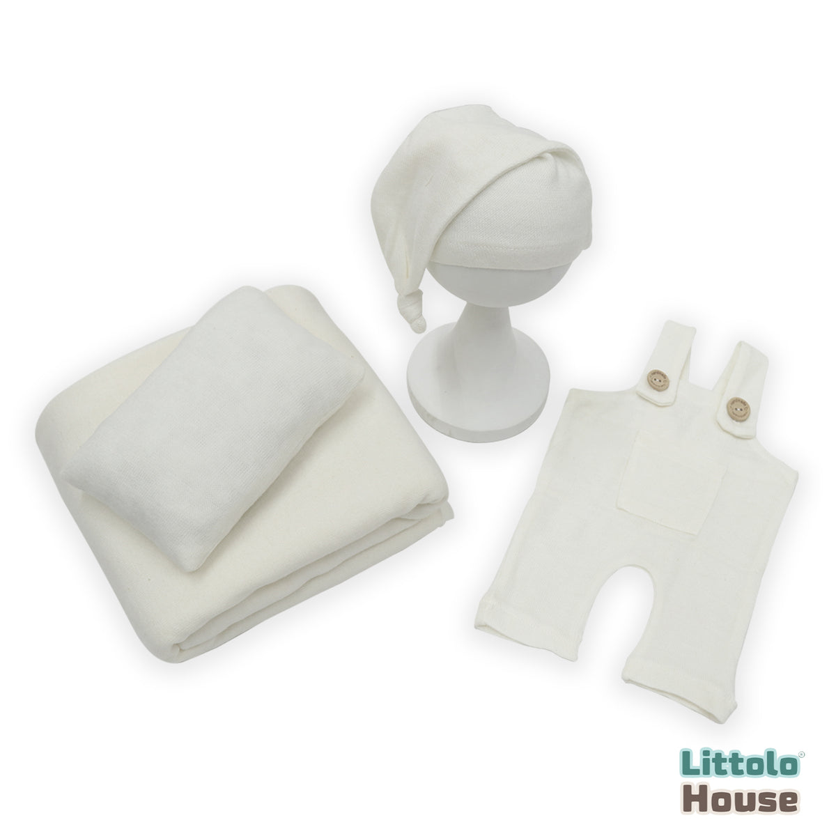 Baby Suspender Romper with Sleeping Hat  Posing aid and Layer SR065 | Set of 4 | White