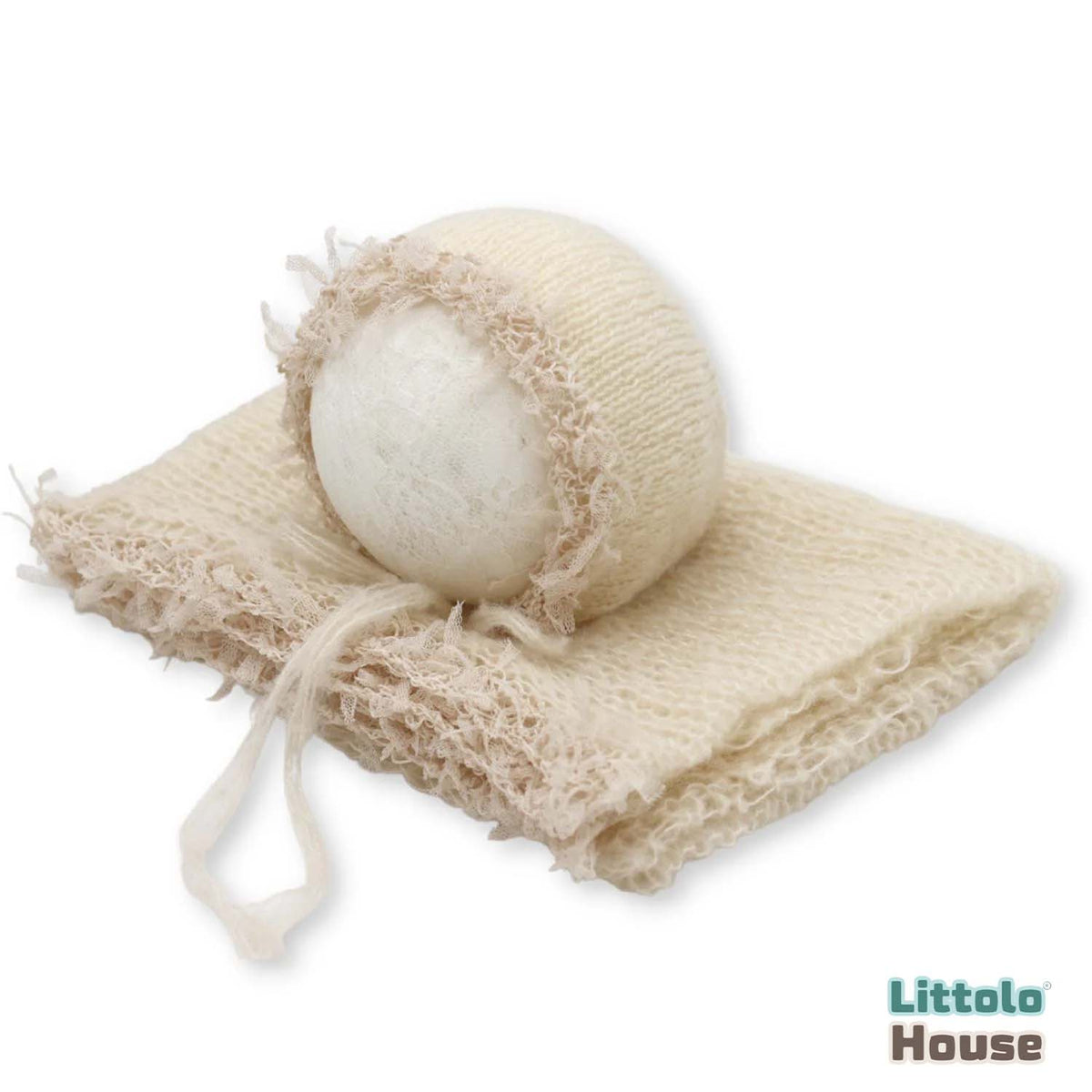 Baby Wool Knit Wrap with Mohair Bonnet SR088 | NB | Beige