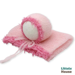 Baby Wool Knit Wrap with Mohair Bonnet SR088 | NB | Pink