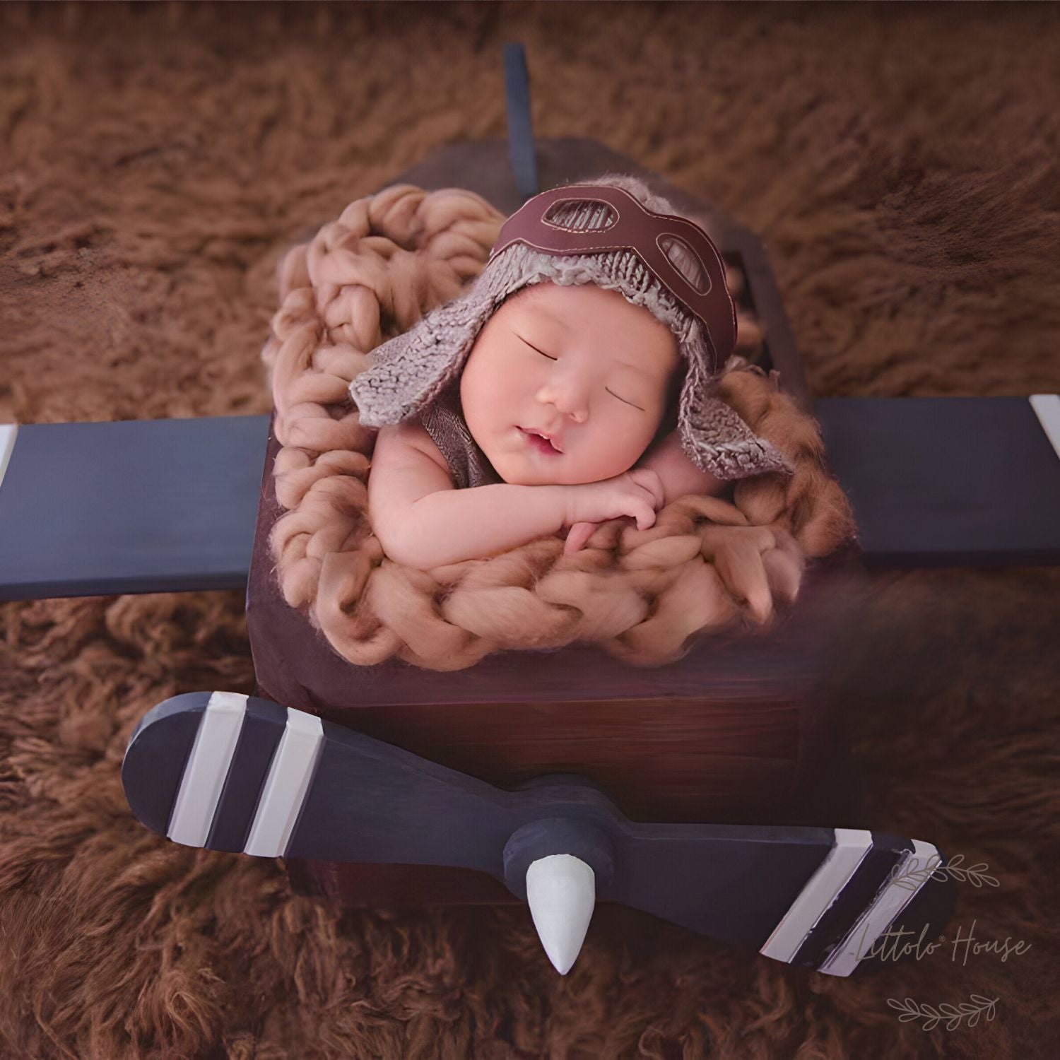 Baby Wool Knitted Aviator Pilot Hat with Goggles B033 | NB | Oat