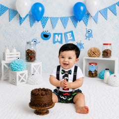 Baby 1st Birthday Cake Smash White Romper and Suspender Shorts Set of 2 Outfit O079 | 1Y | Mustache print