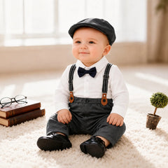 Baby Boy Suit Romper with Cap and Bow Tie Outfit O044 | 9M | White Grey