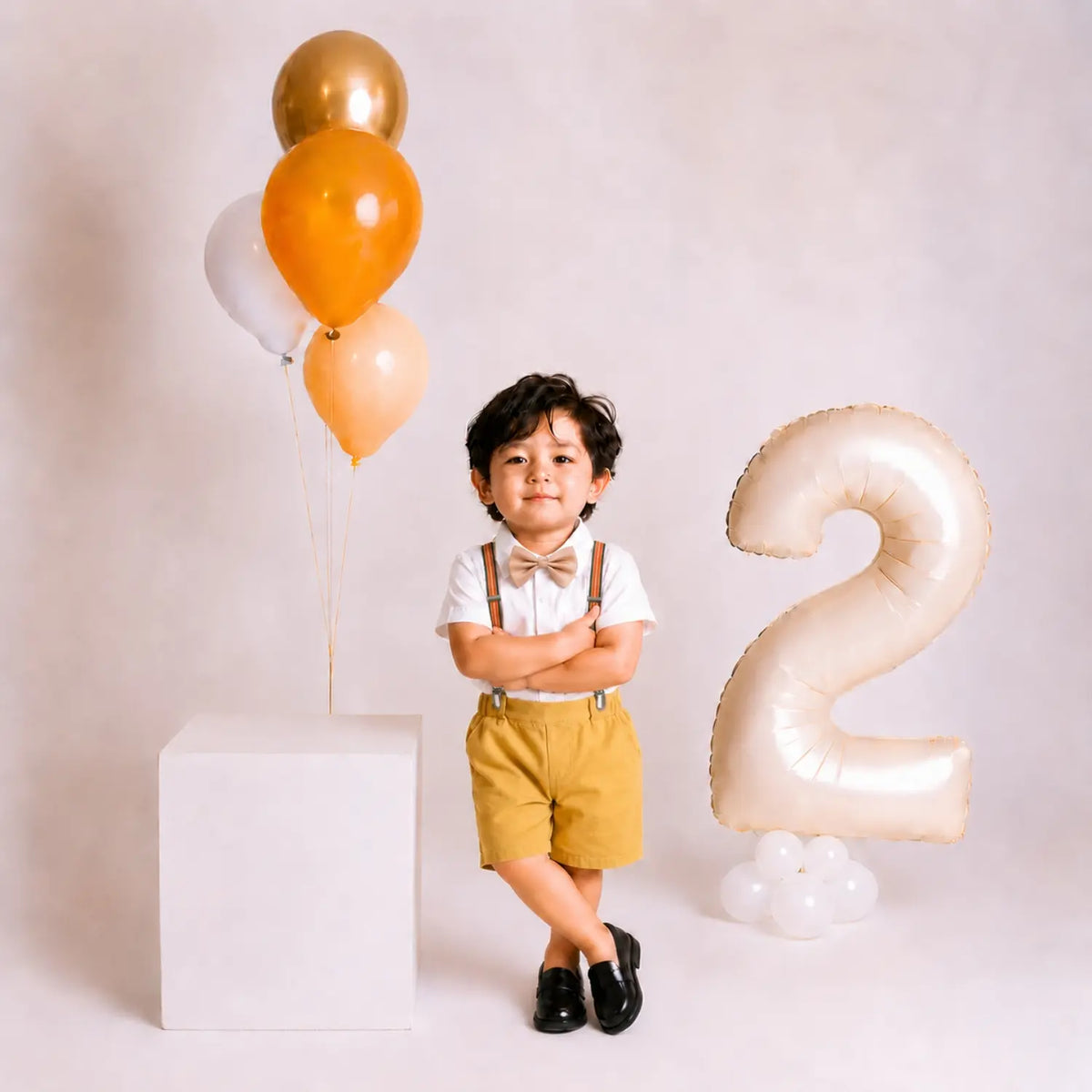 Baby Boy Suspender Shorts Outfit with Bow Tie Outfit O045 | 2Y | White Mustard