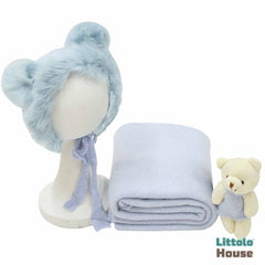 Baby Crochet Mohair Bonnet with Wrap and Teddy SR025 | Set of 3 | 3M | Sky