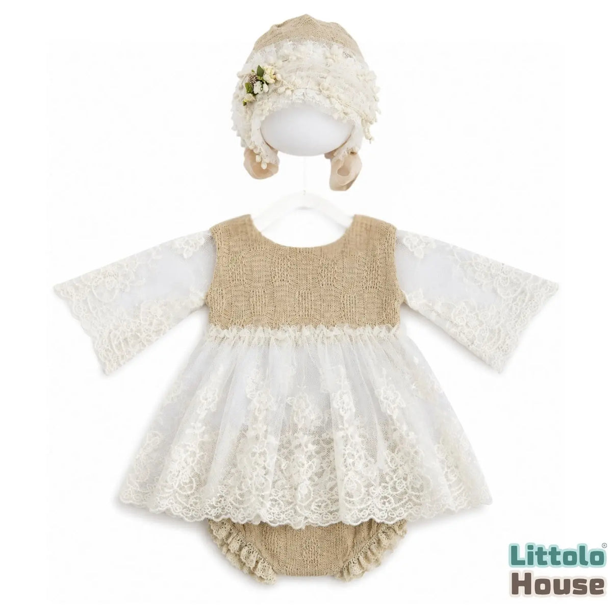 Baby Girl Knit Lace Frock with Lace Bonnet SR004 | Set of 2 | NB | Ivory