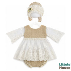 Baby Girl Knit Lace Frock with Lace Bonnet SR004 | Set of 2 | NB | Ivory