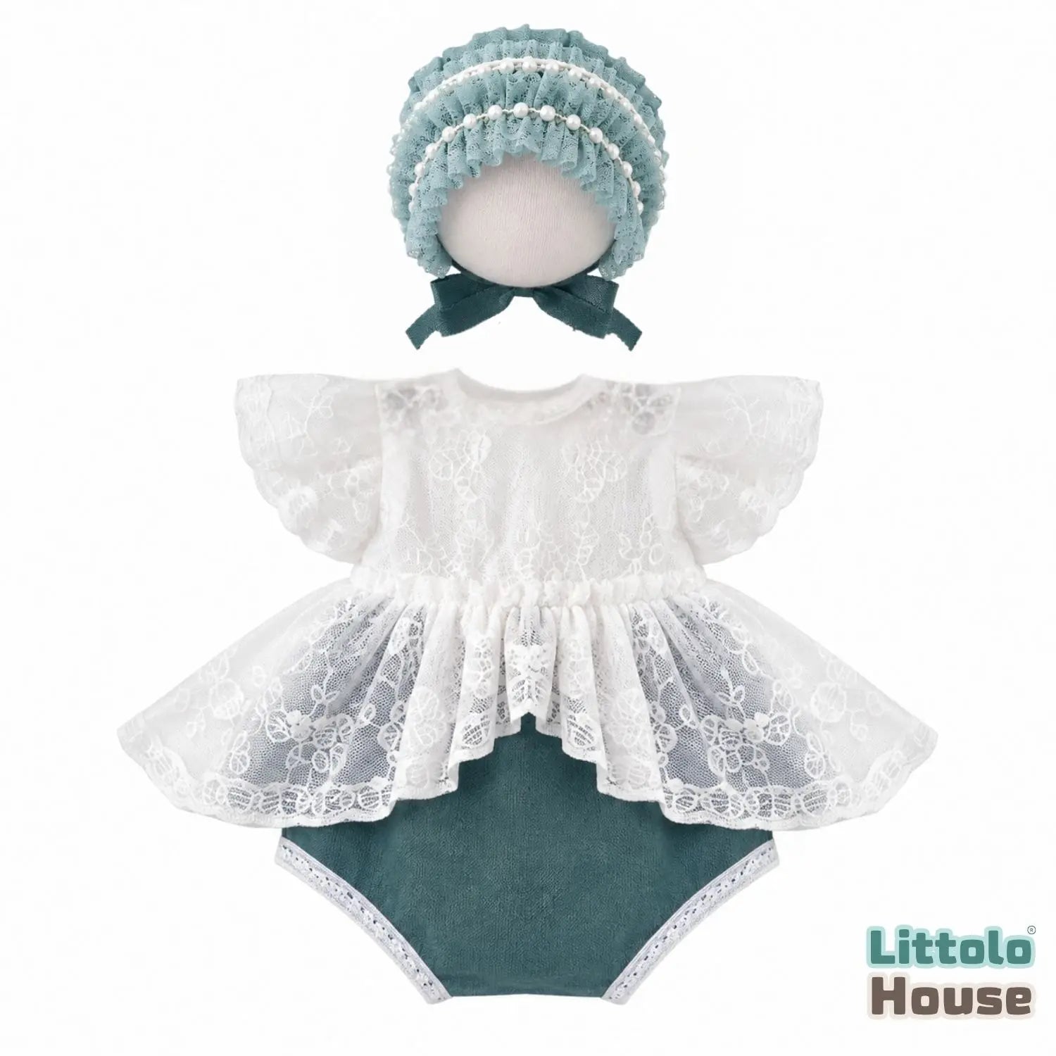 Baby Girl Knit Lace Frock with Lace Bonnet SR004 | Set of 2 | NB | Green