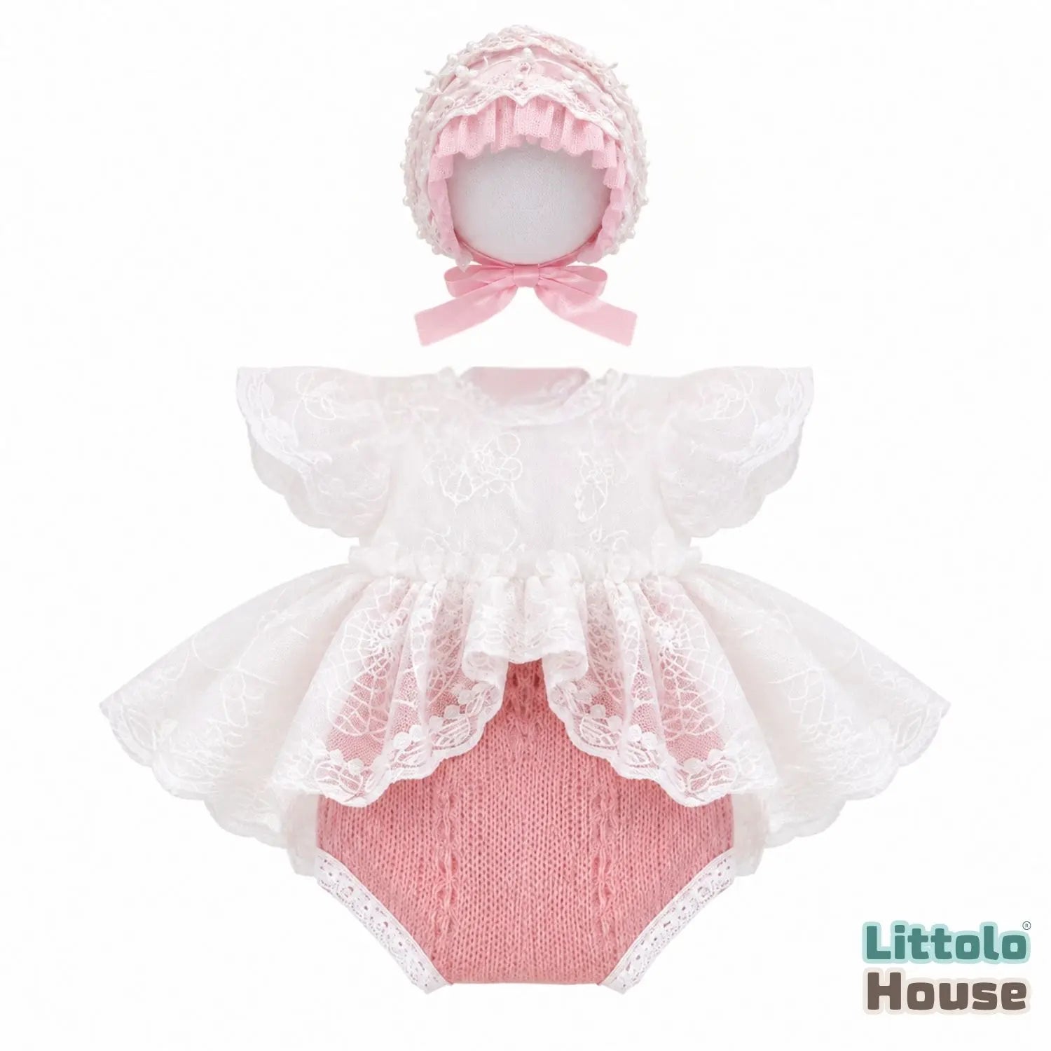 Baby Girl Knit Lace Frock with Lace Bonnet SR004 | Set of 2 | NB | Peach