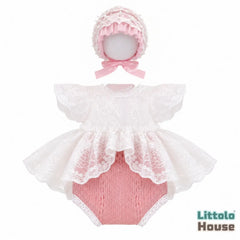 Baby Girl Knit Lace Frock with Lace Bonnet SR004 | Set of 2 | NB | Peach