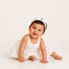Baby Girl Lace Neck Knot Back Open Dress O140 | 1Y | Off White
