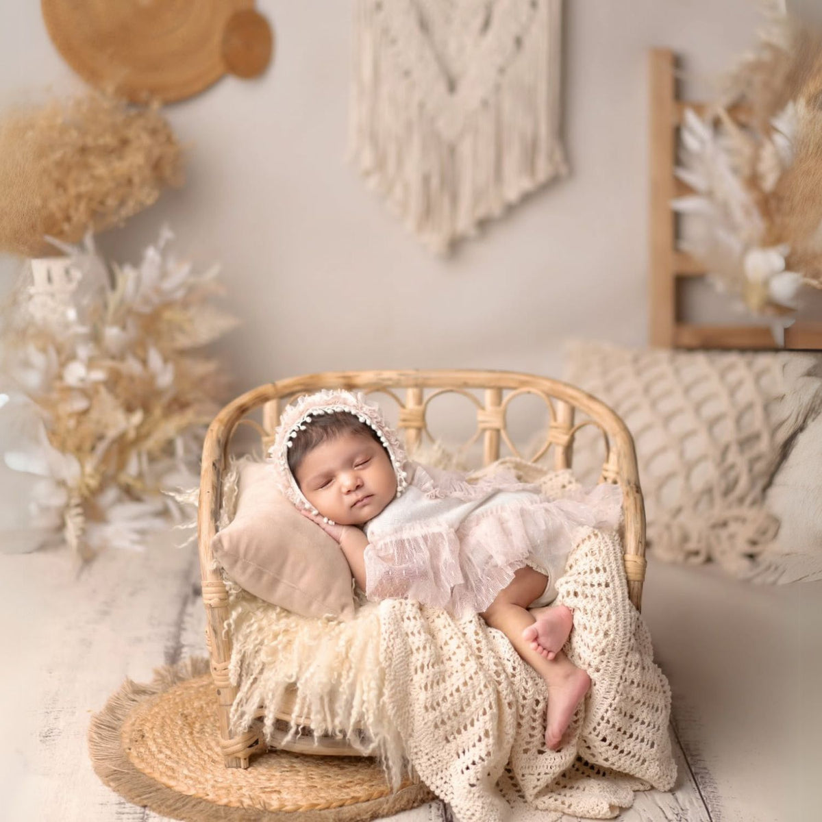 Baby Girl Lace Romper with Bonnet SR006 | Set of 2 | NB | White Peach