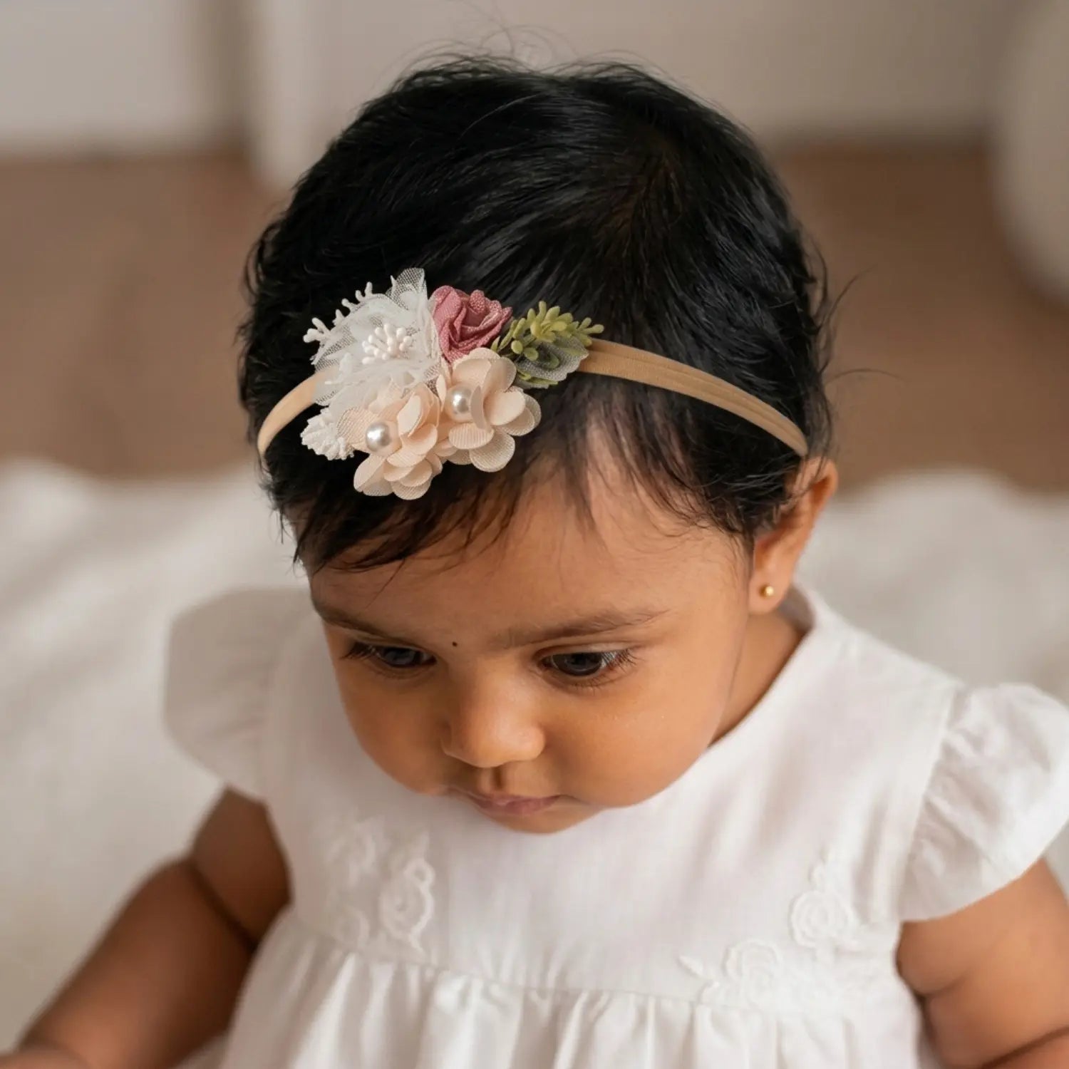 Baby Girl Net Rose Flower With Pearl Hairband H063 | 1Y | Peach