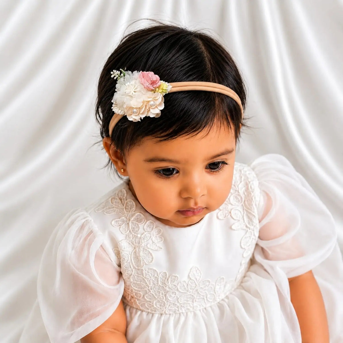 Baby Girl Net Rose Flower With Pearl Hairband H063 | 1Y | Peach