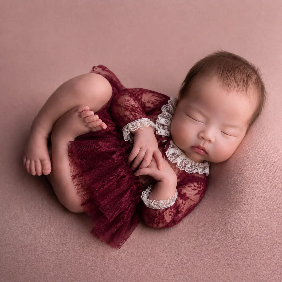 Baby Girl Net Ruffle Mesh Lace 2-Piece Set O239 | 2M | Maroon