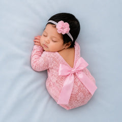 Baby Girl Open Back Lace Romper with Hairband Outfit O082 | NB | Pink