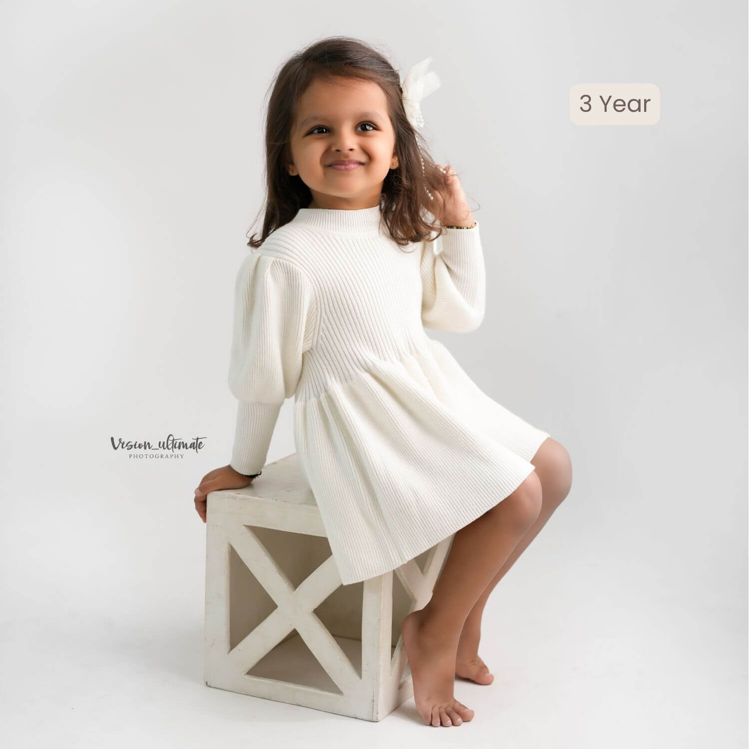 Baby Girl Puff Sleeve Girls Ribbed Dress O018 | 1Y | Off White
