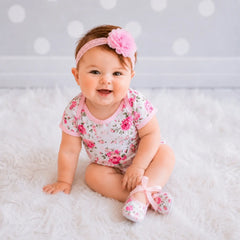 Baby Girl Romper with Hairband and Booties Set of 3 Outfit O065 | 1Y | Rose Print