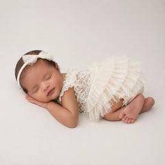Baby Girl Ruffle Lace Romper with Headband O225 | 3M | Off White