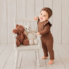 Baby Girl Ruffled Full Sleeves Romper with Earband O094 | 1Y | Brown
