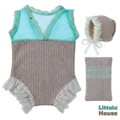 Baby Girl Soft Lace Posing Aid, Lace Bonnet with Dress Outfit S016 | Set of 3 | NB | Silver