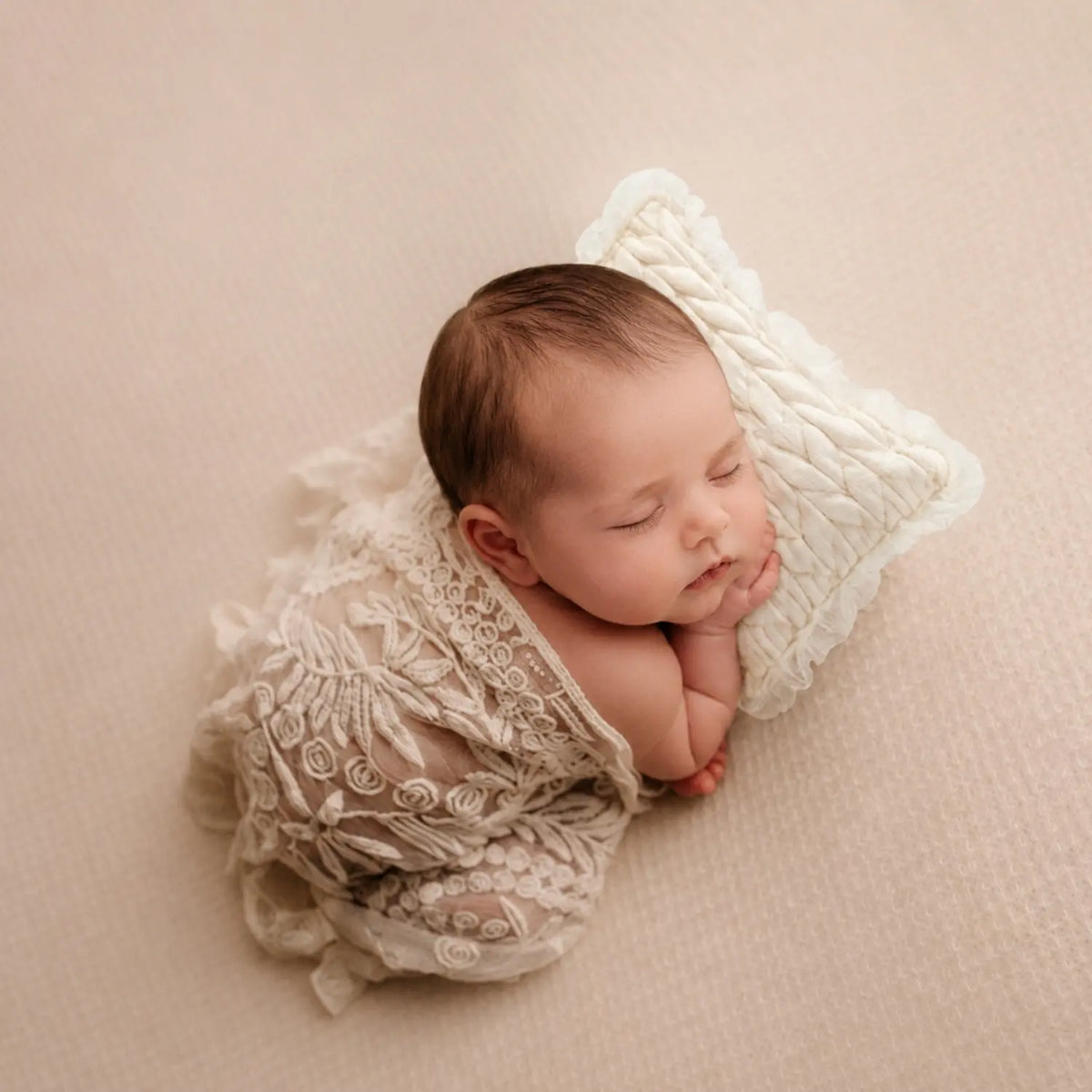 Baby Velvet Braided Posing Pillow with Bow Headband SR100 | NB | Beige