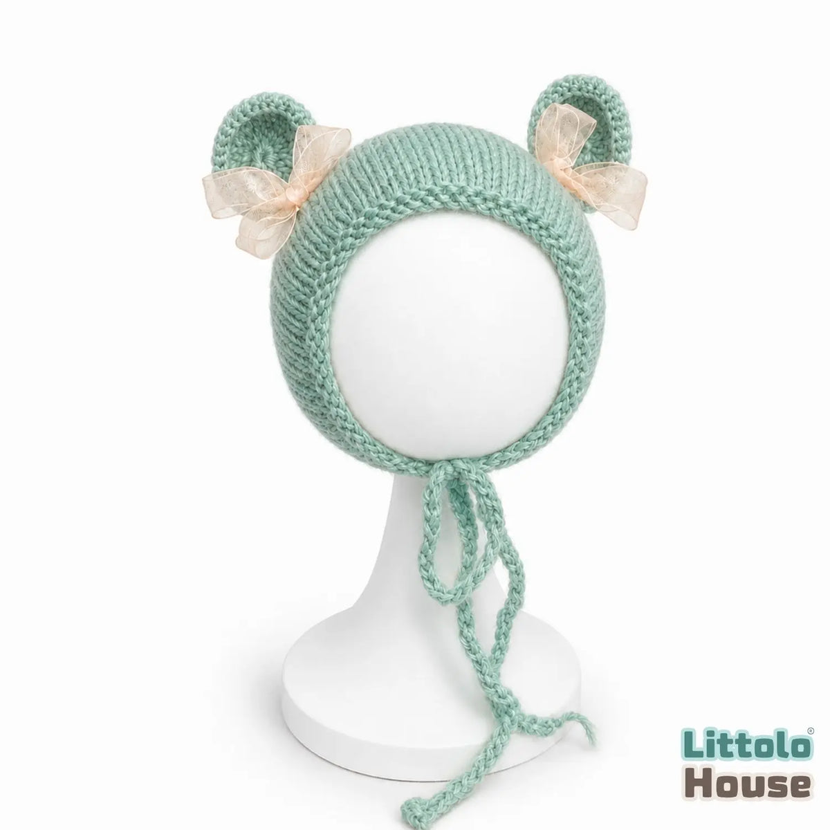 Baby Wool Knit Ear Bonnet B014 | NB | Bean Green