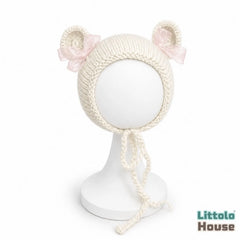 Baby Wool Knit Ear Bonnet B014 | NB | Shiny Cream