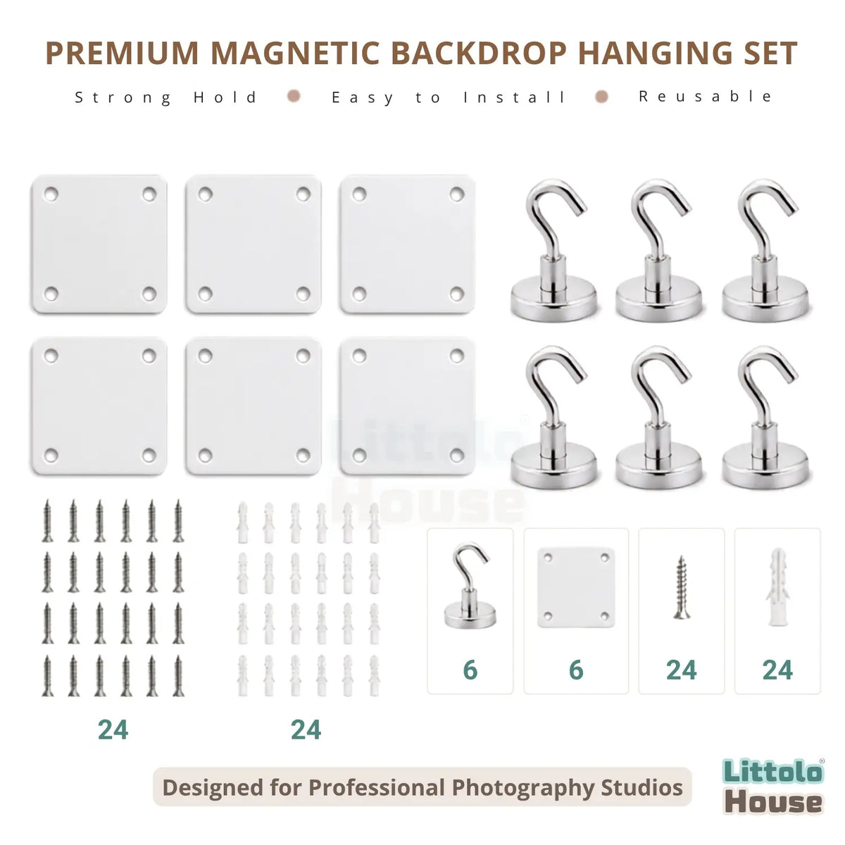Premium Magnetic Backdrop Hanging Set | Set of 60 | Studio Setups | White