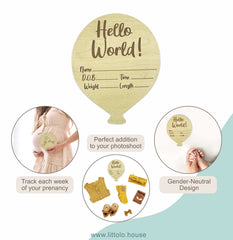 Balloon Style Hello World Milestone Card | Wooden Decorative | Natural Wood