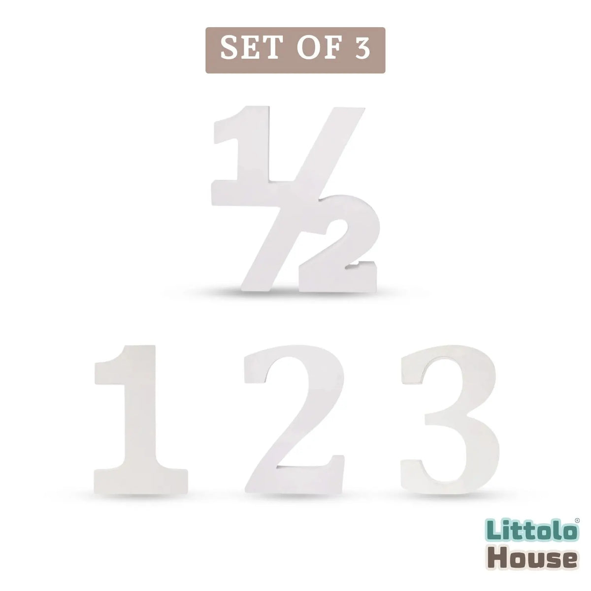 Numeric Half • Numeric One • Numeric Two • Numeric Three | Set of 4 | Wooden Decorative | White