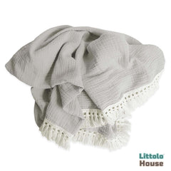 Cotton Gauze Blanket with Tassels Lace Style 1 Layer | Light Grey