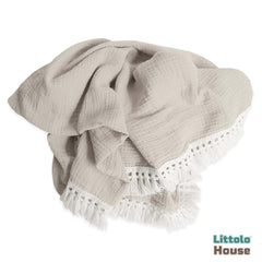 Cotton Gauze Blanket with Tassels Lace Style 1 Layer | Olive Gray