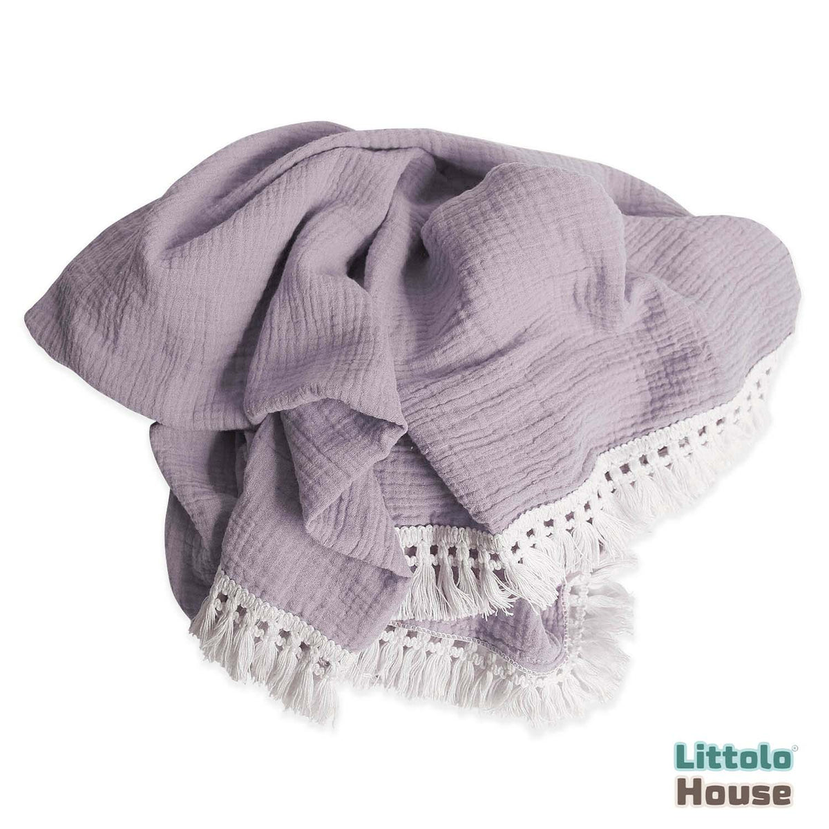 Cotton Gauze Blanket with Tassels Lace Style 1 Layer | Pastel Purple