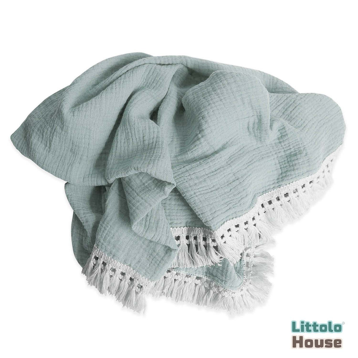 Cotton Gauze Blanket with Tassels Lace Style 1 Layer | Pastel Turquoise