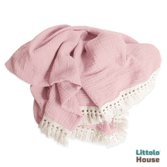 Cotton Gauze Blanket with Tassels Lace Style 1 Layer | Pink