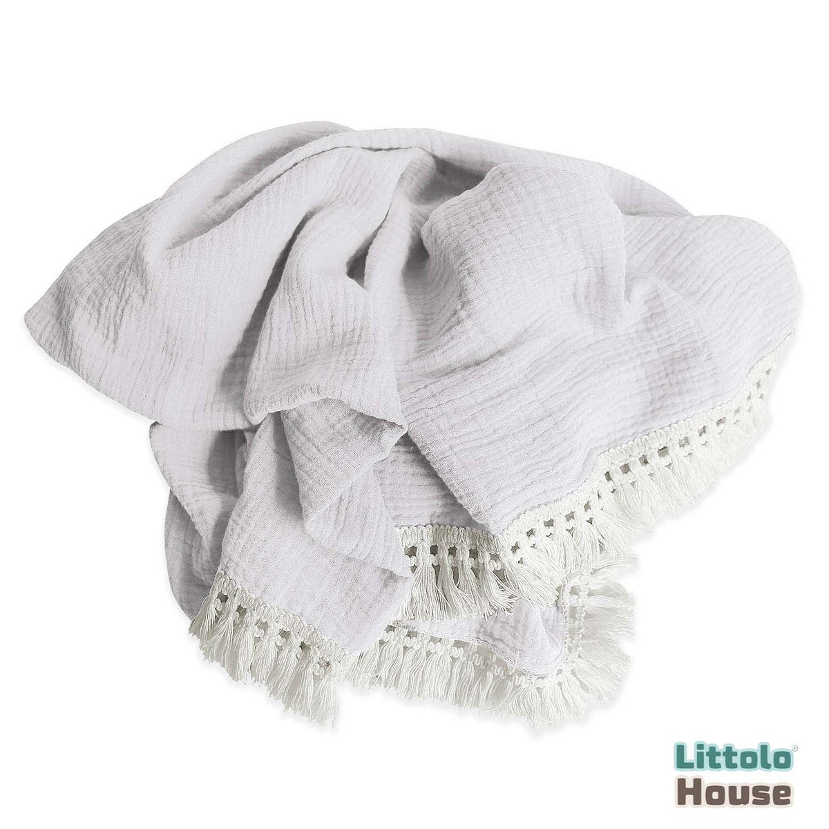 Cotton Gauze Blanket with Tassels Lace Style 1 Layer | White