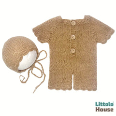 Baby Cozy Knit Romper with Bonnet O240 | NB | Brown